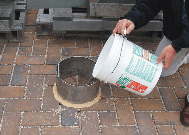 As a result of visual inspection during or right after a rainstorm, the ASCE standard points to ASTM C1781 as a means to measure PICP surface infiltration.