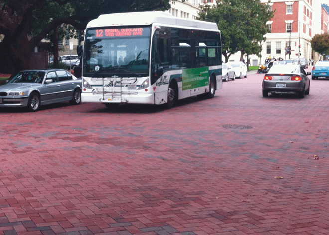 An 8-in. plastic cellular confinement layer in the subbase provided the structural support for bus traffic while at the same time reducing the necessary excavation depth by a full foot from the initial design.